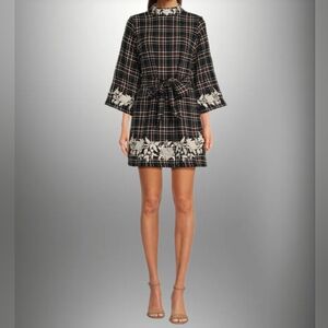 Fanm Mon Layla Tweed Floral Embroidered Mock Neck 3/4 Sleeve Mini